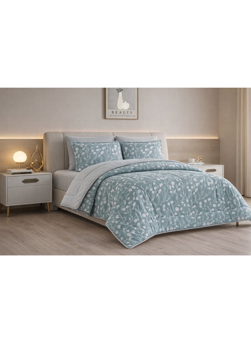 ماركه  طقم مفرش سرير نفر ونص 4 قطع وجهين (مشجر / سادة) – لحاف منفوخ مايكروفايبر 170×230 سم مع شرشف مطاطي، خامة فاخرة وتصميم أنيق يمنح غرفتك لمسة فخامة وراحة - Image 3